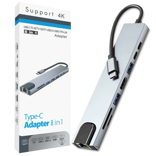 HUB adapter rozdzielacz USB-C do laptopa 8w1 USB 3.0 HDMI 4K LAN aluminiowy 100W Polion