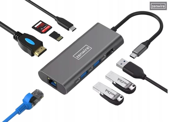 Hub Adapter, Zenwire, USB-C 9W1 HDMI 4K USB 3.0 SD Ethernet Zenwire