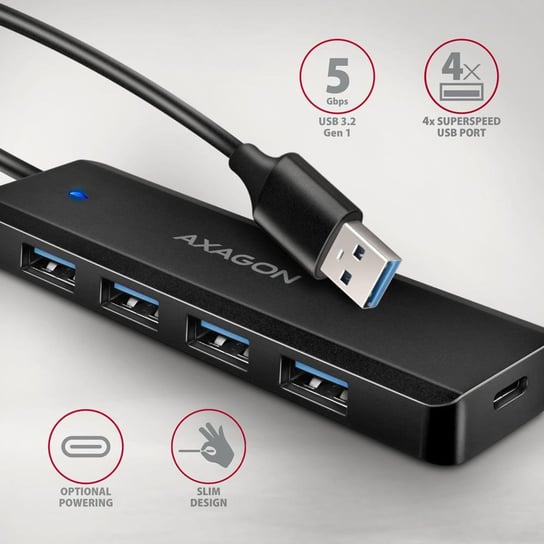 Hub aktywny Axagon HUE-C1A USB-A 3.2 Gen1 do 4x USB-A 3.2 Gen + 1xUSB-C do ładowania czarny Inna marka