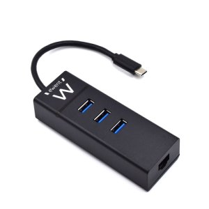 Hub USB C Ewent EW1141, 3 porty USB 3.0 i adapter LAN 1000 Mbps Gigabit Ethernet RJ45, koncentrator USB 3.0 Szybka transmisja danych dla Macbooków i Chromebooków Ewent