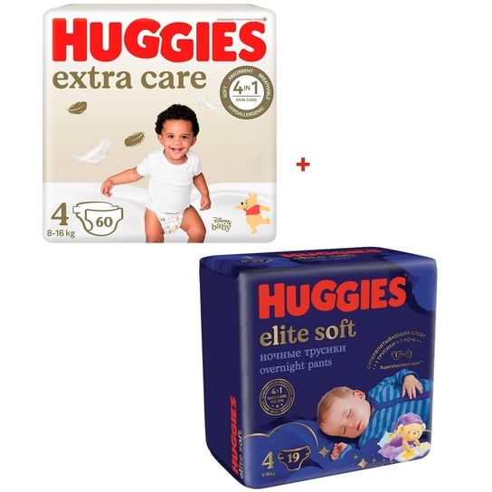 HUGGIES Pieluchy Extra Care 4 (8-16kg) 60 szt + Elite Soft Night Pants 4 19 szt Huggies