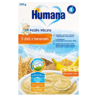 Humana, Kaszka mleczna 5 zbóż z bananami, 6m+, 200 g Humana