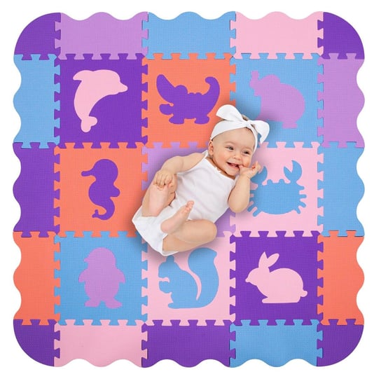 Humbi Mata edukacyjna 120 x 120 cm Kojec Grube Puzzle piankowe 30 x 30 cm Zwierzęta Zwierzątka Kolor różowy fioletowy niebieski pastelowy Humbi