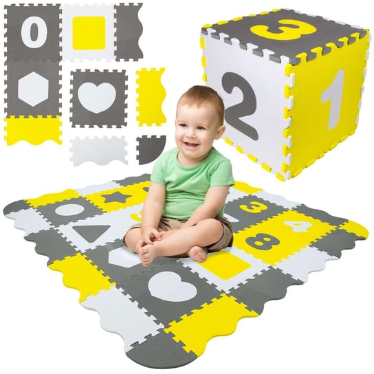 Humbi Mata edukacyjna Grube Puzzle piankowe 31,5 x 31,5 x 1 cm Kojec 52 elementy Cyferki Kształty Kolor szary biały żółty Humbi
