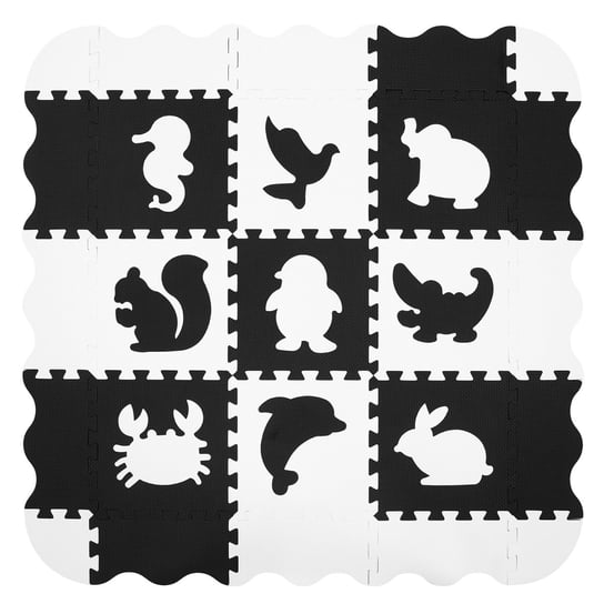Humbi Mata edukacyjna Grube Puzzle piankowe 31,5 x 31,5 x 1 cm Kojec kontrastowy 90 x 90 cm Zwierzęta Zwierzątka Kolor czarny biały czarno-biały Humbi