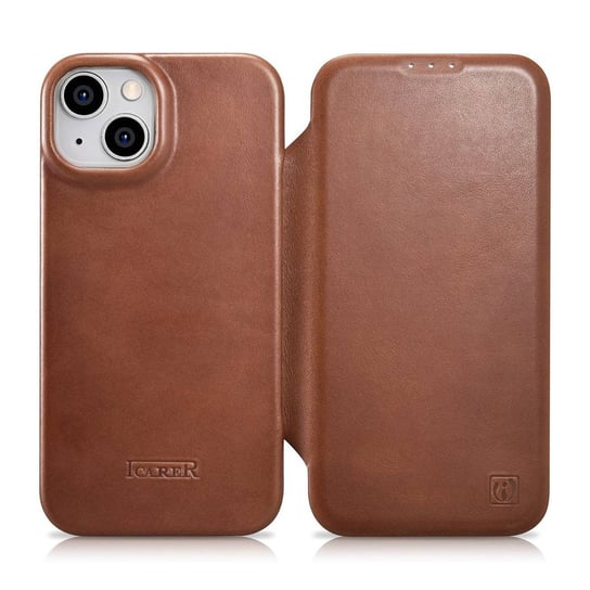 iCarer CE Oil Wax Premium Leather Folio Case skórzane etui iPhone 14 Plus z klapką magnetyczne MagSafe brązowy (AKI14220707-BN) iCarer