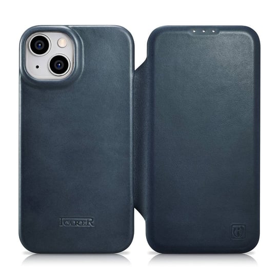 iCarer CE Oil Wax Premium Leather Folio Case skórzane etui iPhone 14 Plus z klapką magnetyczne MagSafe niebieski (AKI14220707-BU) iCarer
