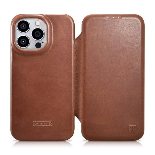 iCarer CE Oil Wax Premium Leather Folio Case skórzane etui iPhone 14 Pro Max z klapką magnetyczne MagSafe brązowy (AKI14220708-BN) iCarer