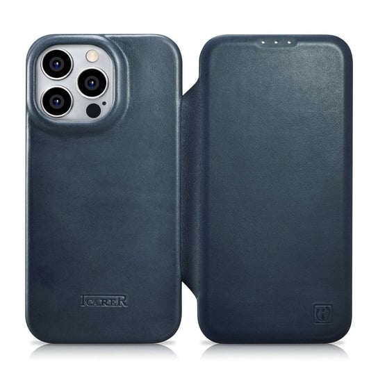 iCarer CE Oil Wax Premium Leather Folio Case skórzane etui iPhone 14 Pro z klapką magnetyczne MagSafe niebieski (AKI14220706-BU) iCarer