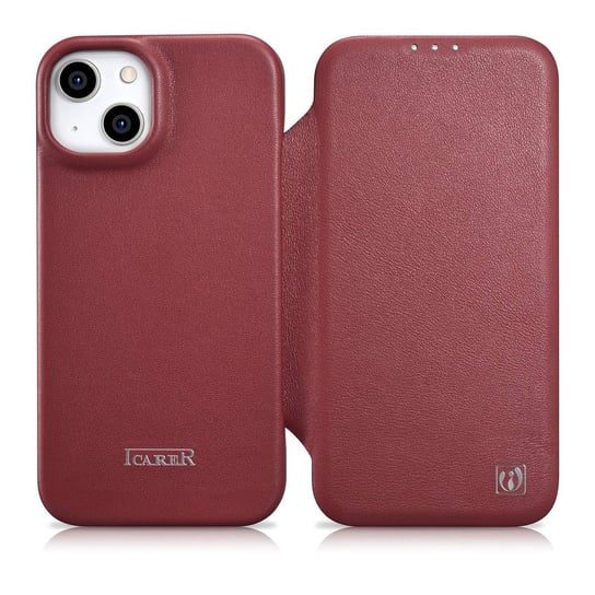 iCarer CE Premium Leather Folio Case skórzane etui iPhone 14 Plus z klapką magnetyczne MagSafe czerwony (WMI14220715-RD) iCarer