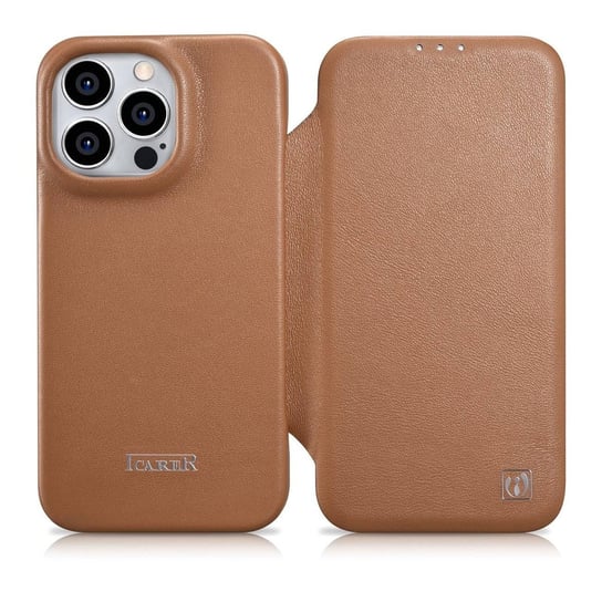 iCarer CE Premium Leather Folio Case skórzane etui iPhone 14 Pro Max z klapką magnetyczne MagSafe brązowy (WMI14220716-BN) iCarer