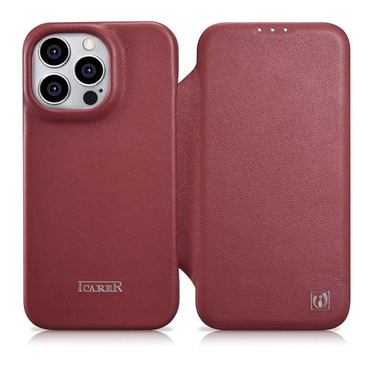 iCarer CE Premium Leather Folio Case skórzane etui iPhone 14 Pro Max z klapką magnetyczne MagSafe czerwony (WMI14220716-RD) iCarer