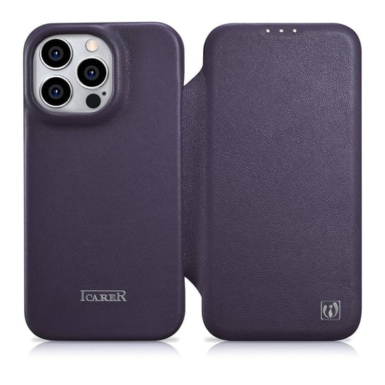 iCarer CE Premium Leather Folio Case skórzane etui iPhone 14 Pro z klapką magnetyczne MagSafe ciemnofioletowy (WMI14220714-DP) iCarer