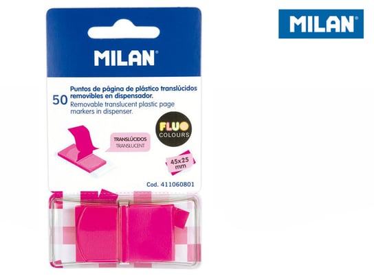 Indeksy transparentne MILAN FLUO 45x25 mm, 50 szt. różowe Milan