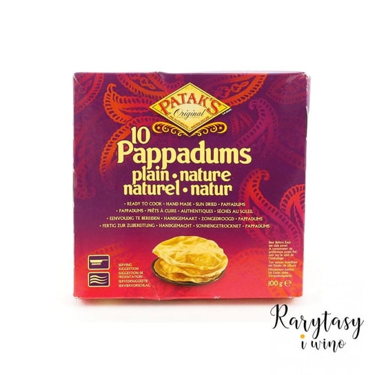 Indyjskie Chrupiące Placki Papadam / Papad / Pappad 10 Sztuk [Bez Glutenu] "10 Pappadums Plain" 100g Pataks Original Pataks