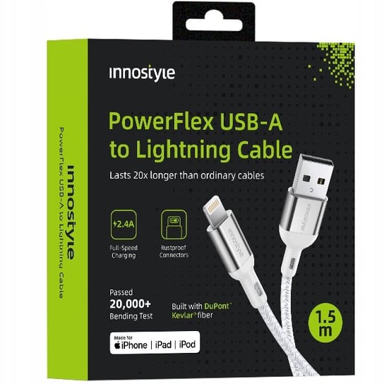 INNOSTYLE POWERFLEX KABEL USB LIGHTNING MFI SZYBKIEGO ŁADOWANIA DO IPHONE KEVLAR 2M SREBRNY Inna marka