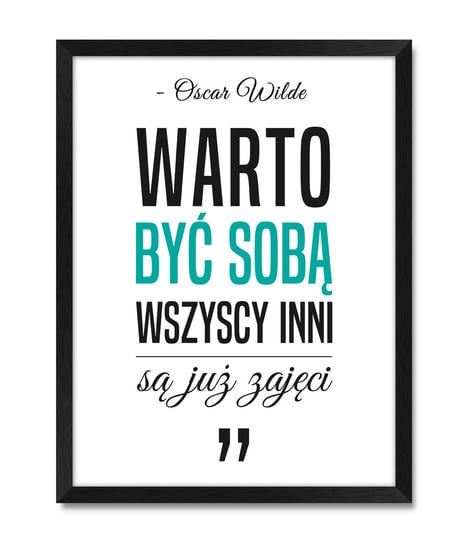 Inspirująca ramka na ścianę do sypialni z cytatem bądź sobą cytat Oscar Wilde turkusowy akcent czarna rama 32x42 cm iWALL studio