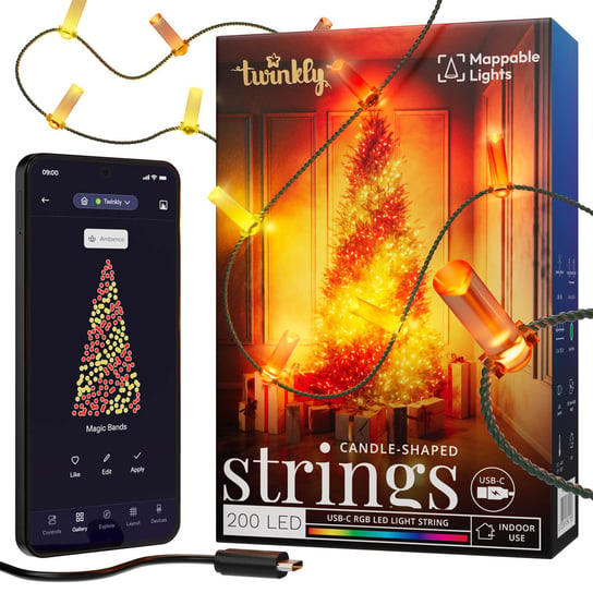 Inteligentne lampki dekoracyjne Twinkly Strings USB-C (Candies) 200 LED RGB, świece, zielony przewód, 12 m Twinkly