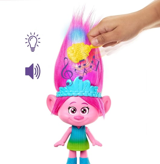 Interaktywna lalka królewna Poppy Tęczowe Włosy Hairtunes z bajki Trolle 3 efekty świetlne, dźwiękowe dla dzieci 3+ zabawka oryginalna Mattel