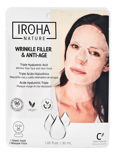 Iroha Nature, Przeciwzmarszczkowa maska w płachcie na twarz i szyję z kwasem hialuronowym, 30ml Iroha Nature