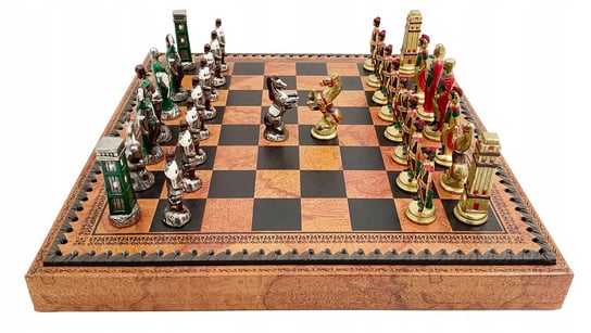 Italian Chess Metal Romans Vs Barbarians+Board Leatherette Globe Map 35 Italfama
