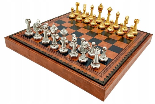 Italian Chess Staunton Gold/Silver+Chess Board Leatherette Black/Brown 35 Italfama