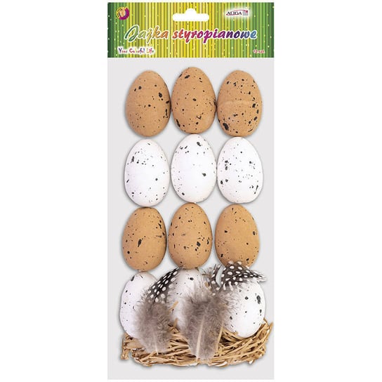 Jajka styropianowe nakrapiane 5,5cm z piórkami i paskami papierowymi 12 szt ALIGA