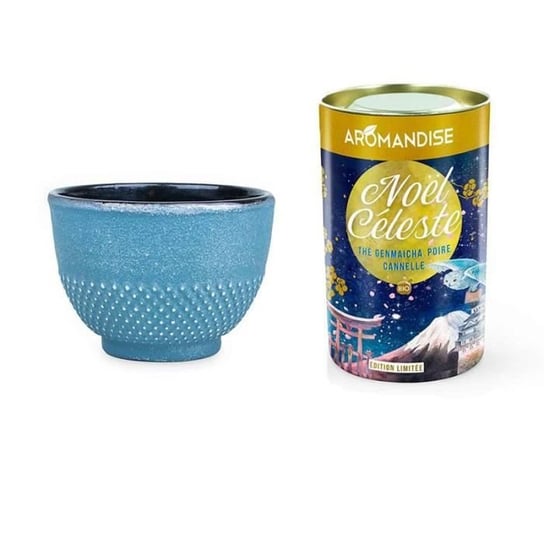 Japońska świąteczna herbata Genmaïcha, gruszka, cynamon + Filiżanka z żeliwa niebiesko-srebrnego Youdoit