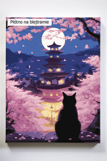 Japońskie nastroje, Japonia, kot, Azja, noc, drzewa, malowanie po numerach Akrylowo