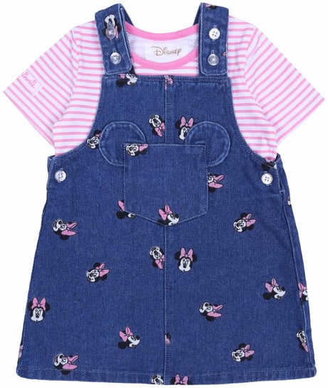 Jeansowa Sukienka, Ogrodniczka + Koszulka W Paski Myszka Minnie Disney