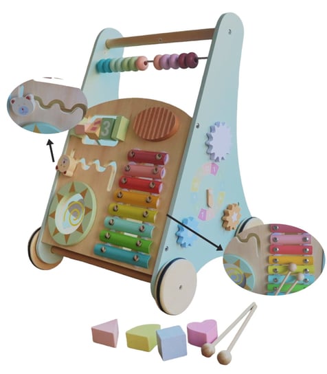 Jeździk pchacz chodzik drewniany zabawka edukacyjna dla dzieci sorter zielony pastelowy HuPi