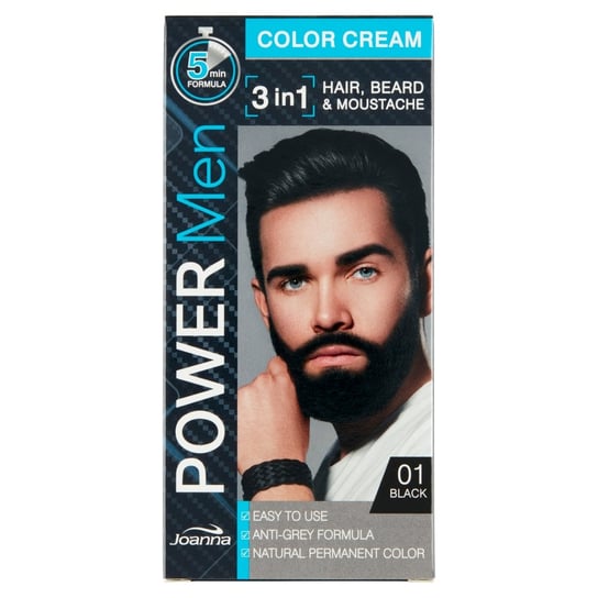 Joanna, Power Men Color Cream, farba do włosów 3w1 dla mężczyzn 01 Black, 100 g Joanna