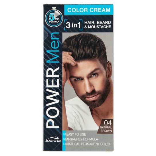 Joanna, Power Men Color Cream, farba do włosów 3w1 dla mężczyzn 04 Natural Brown, 100 g Joanna