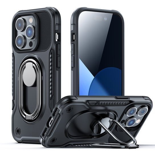 Joyroom Dual Hinge Etui Iphone 14 Pro Max Pancerny Pokrowiec Z Podstawką Uchwytem Ring Holder Czarne JoyRoom