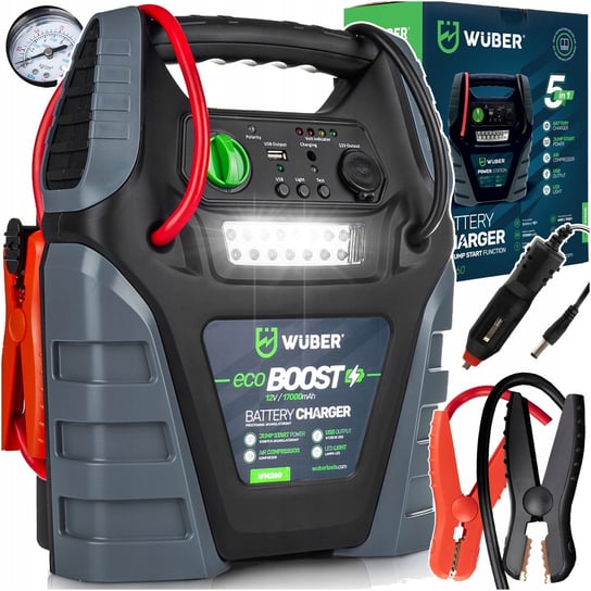 JUMP STARTER PROSTOWNIK ROZRUCH POWERBANK KOMPRESOR ŚWIATŁO LED 5W1 17Ah Wuber
