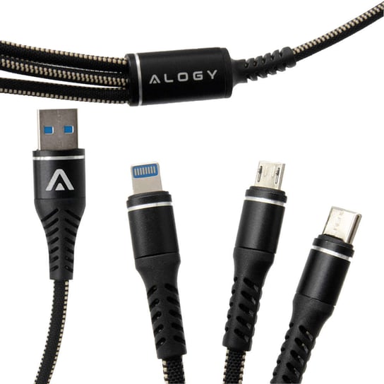 Kabel Alogy Nylon 3w1 USB-C Typ C Lightning micro USB 5A Black Alogy