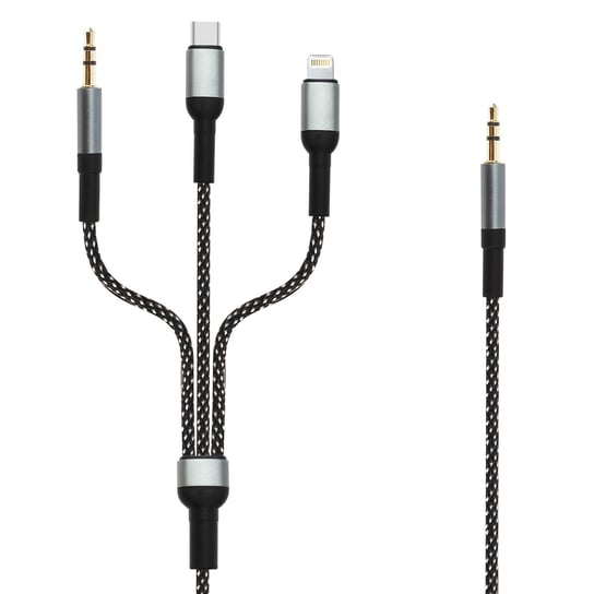 Kabel audio 3 w 1 3,5 mm Jack do 3,5 mm Jack, Lightning i USB-C, pleciony nylon, dlugosc 1,5 m, LinQ - czarny LinQ