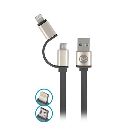Kabel FOREVER 2w1 USB - Lightning + microUSB 1,0 m 1,8A, czarny metalowy płaski Forever