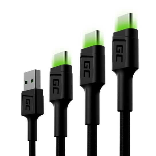 Kabel, Green Cell, 3x GC Ray USB-USB-C (30, 120, 200 cm) LED, szybkie ładowanie Ultra Charge, QC 3.0, KABGCSET01 Green Cell