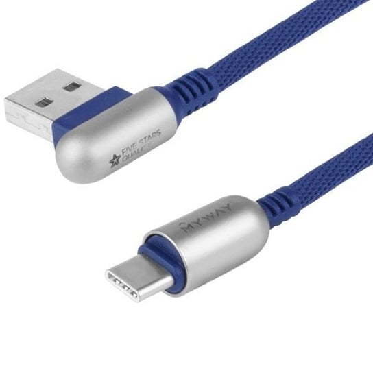 Kabel MYWAY do ładowania i synchronizacji, 120 cm, w oplocie z mikrofibry, dwustronne kątowe USB / USB-C, navy Myway