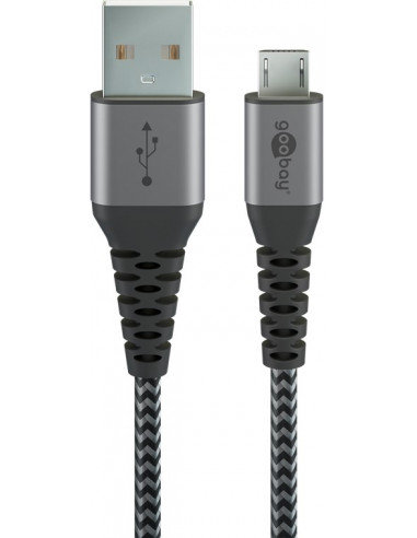 Kabel tekstylny Micro USB na USB-A z metalowymi wtyczkami ( szary / srebrny) 1 m - Długość kabla 1 m Goobay