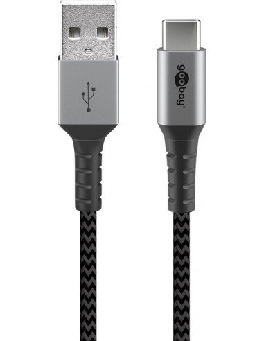 Kabel tekstylny USB-C ™na USB-A z metalowymi wtyczkami (szary / srebrny) 0,5 m - Długość kabla 0.5 m Goobay