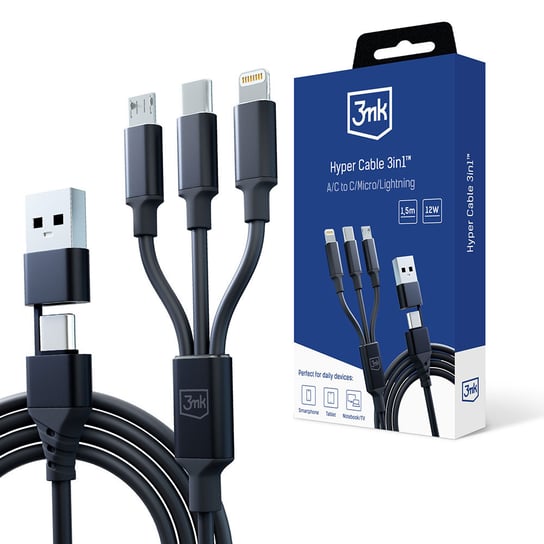 Kabel USB-A/C do USB-C/Micro/Lightning 1.5m - 3mk Hyper Cable 3in1 Black 3MK