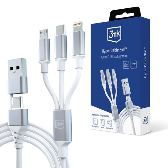 Kabel USB-A/C do USB-C/Micro/Lightning 1.5m - 3mk Hyper Cable 3in1 White 3MK
