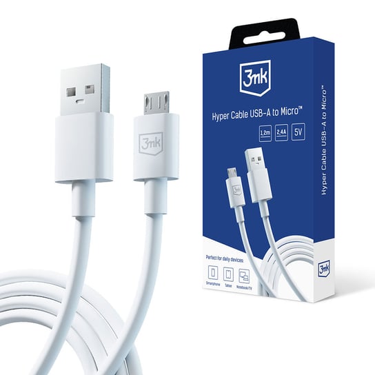 Kabel USB-A to Micro 12W 2.4A 1.2m - 3mk Hyper Cable A to Micro White 3MK