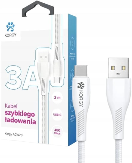 Kabel USB-A - USB-C Korgy ACW20 2m Szybkie Ładowanie Nylonowy Oplot Biały Inna marka