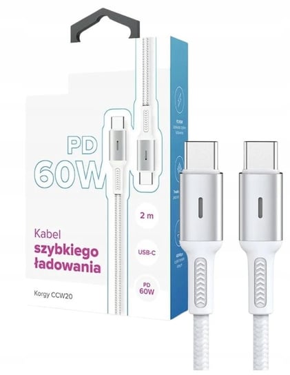 Kabel USB-C - USB-C Korgy CCW20 60W 2m Biały Oplot nylonowy Dioda ładowania KORG