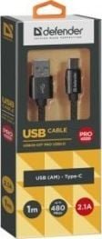 Kabel USB Defender USB-A - USB-C 1 m Czarny (87814) Defender
