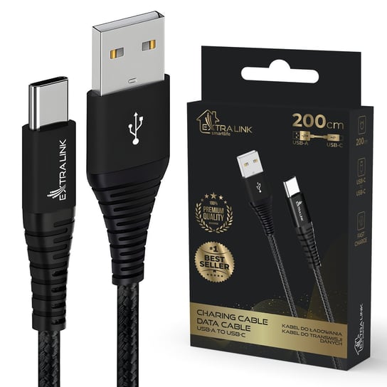 Kabel USB Extralink Smart Life Braided 15W USB Type-A to Type-C 2m Czarny 6.5V 3A Extralink