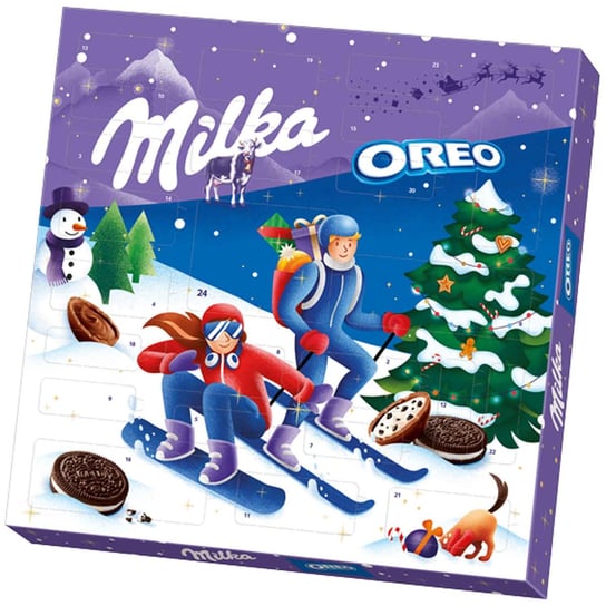 Kalendarz adwentowy Milka & Oreo Kalendarz adwentowy z herbatnikami kakaowymi z nadzieniem śmietankowym i nadziewaną czekoladą mleczną Inna marka